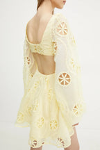 Flowering Girl Women tiffany v-neck puff sleeve hollow mini dress in yellow