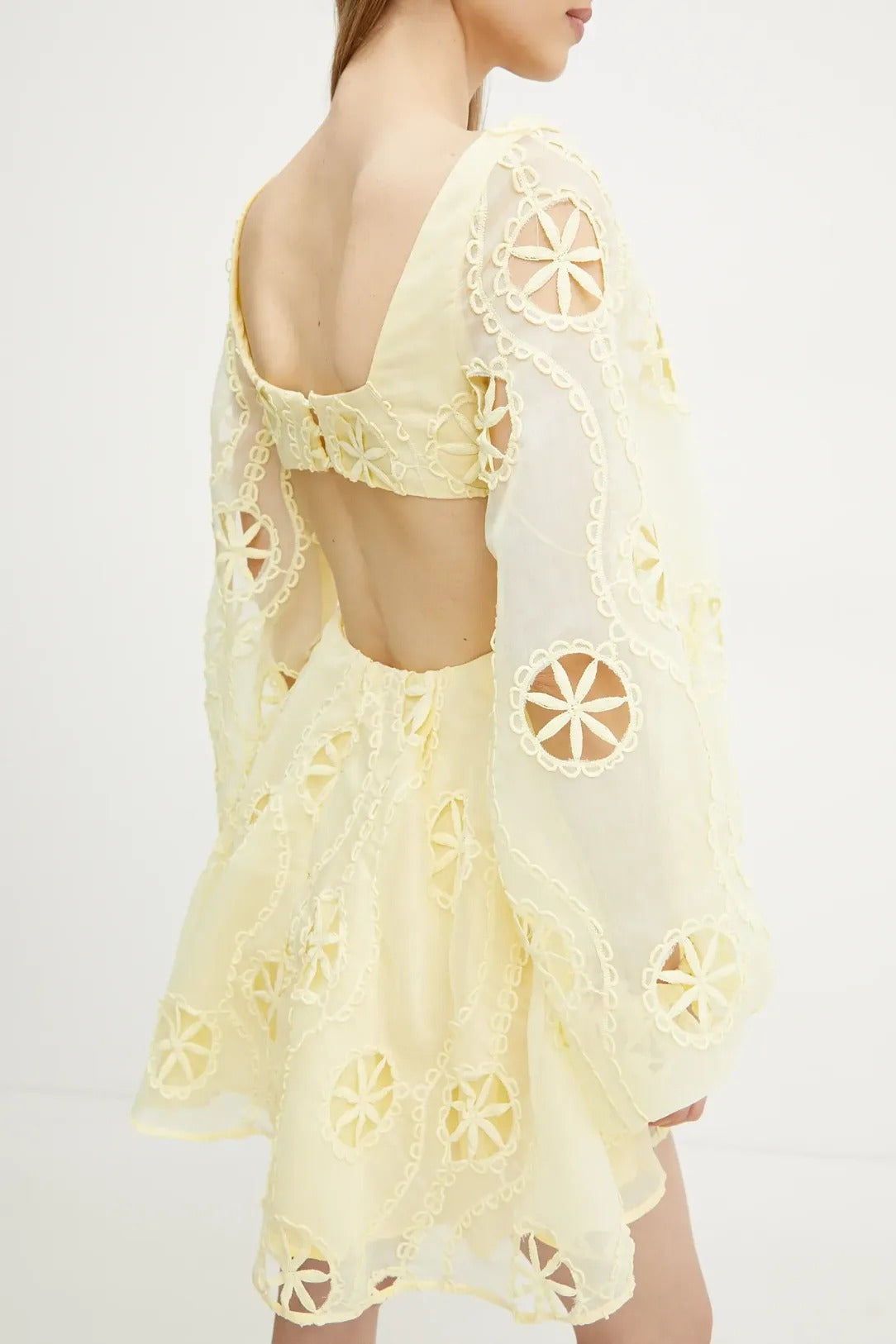 tiffany v-neck puff sleeve hollow mini dress in yellow