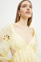 Flowering Girl Women tiffany v-neck puff sleeve hollow mini dress in yellow