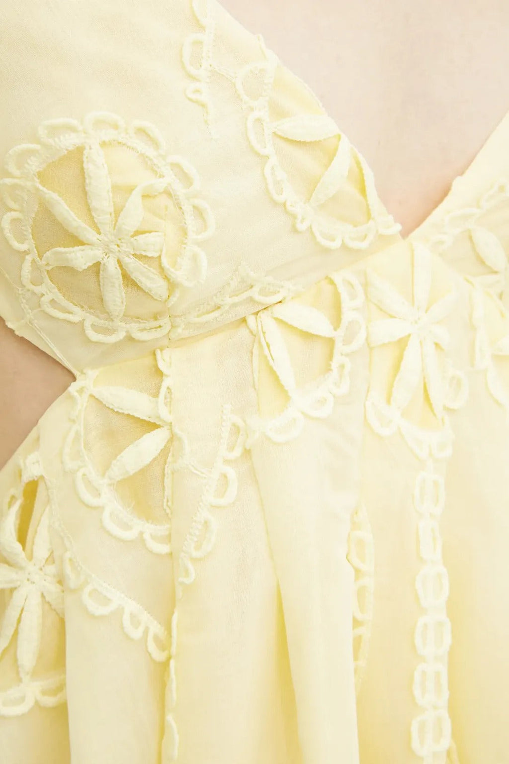 Flowering Girl Women tiffany v-neck puff sleeve hollow mini dress in yellow