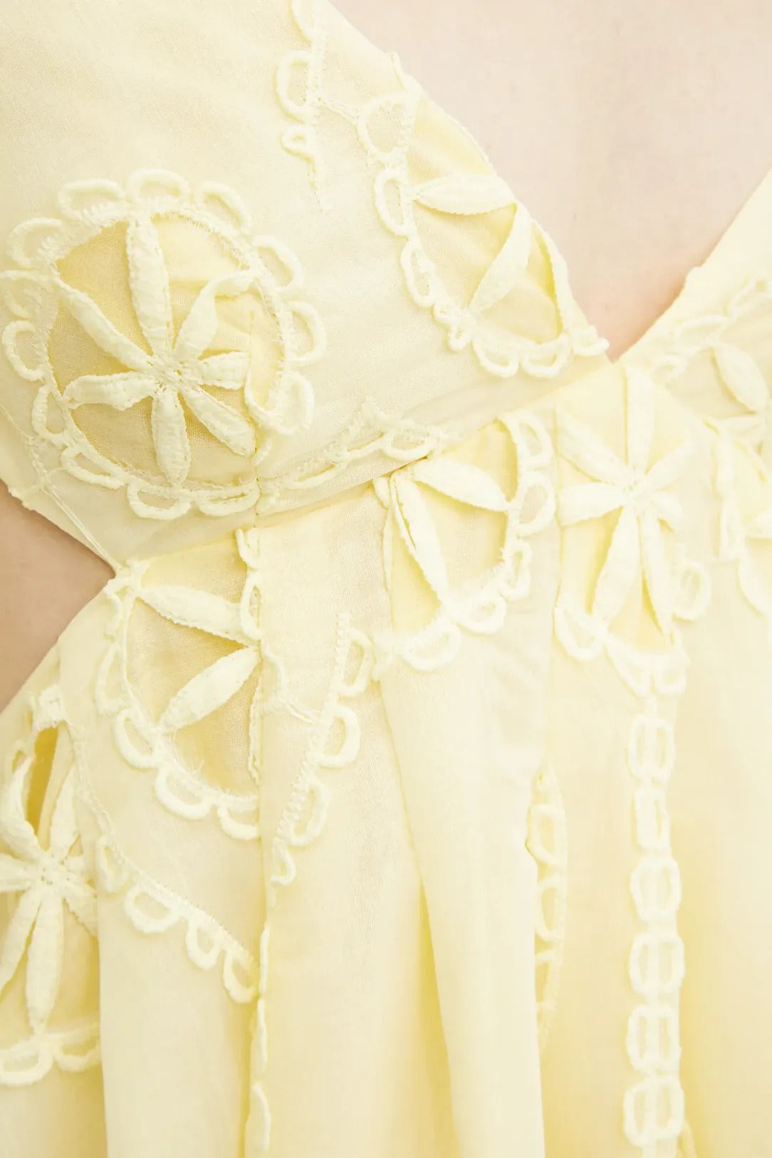 Flowering Girl Women tiffany v-neck puff sleeve hollow mini dress in yellow