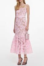 simona Pink Crochet Lace hollow Midi Dress