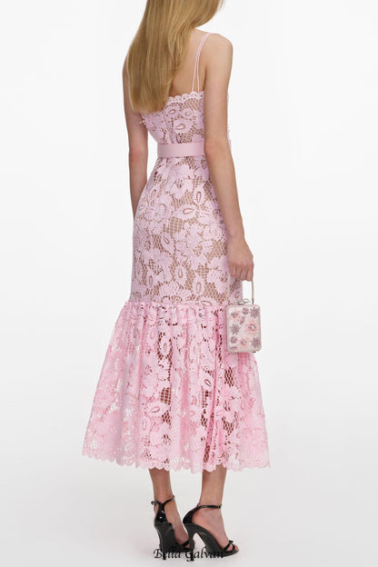 simona Pink Crochet Lace hollow Midi Dress