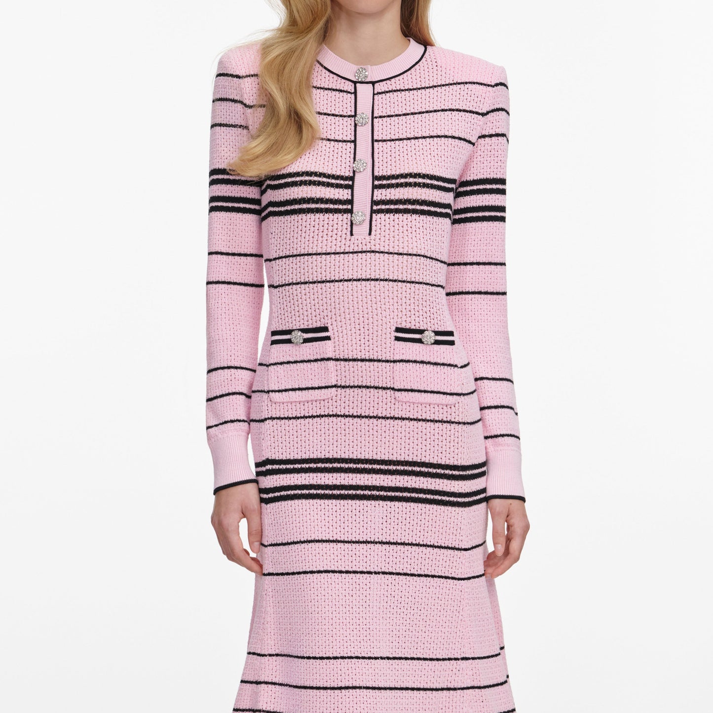 selena long sleeve Stripe Knit Midi Dress in pink