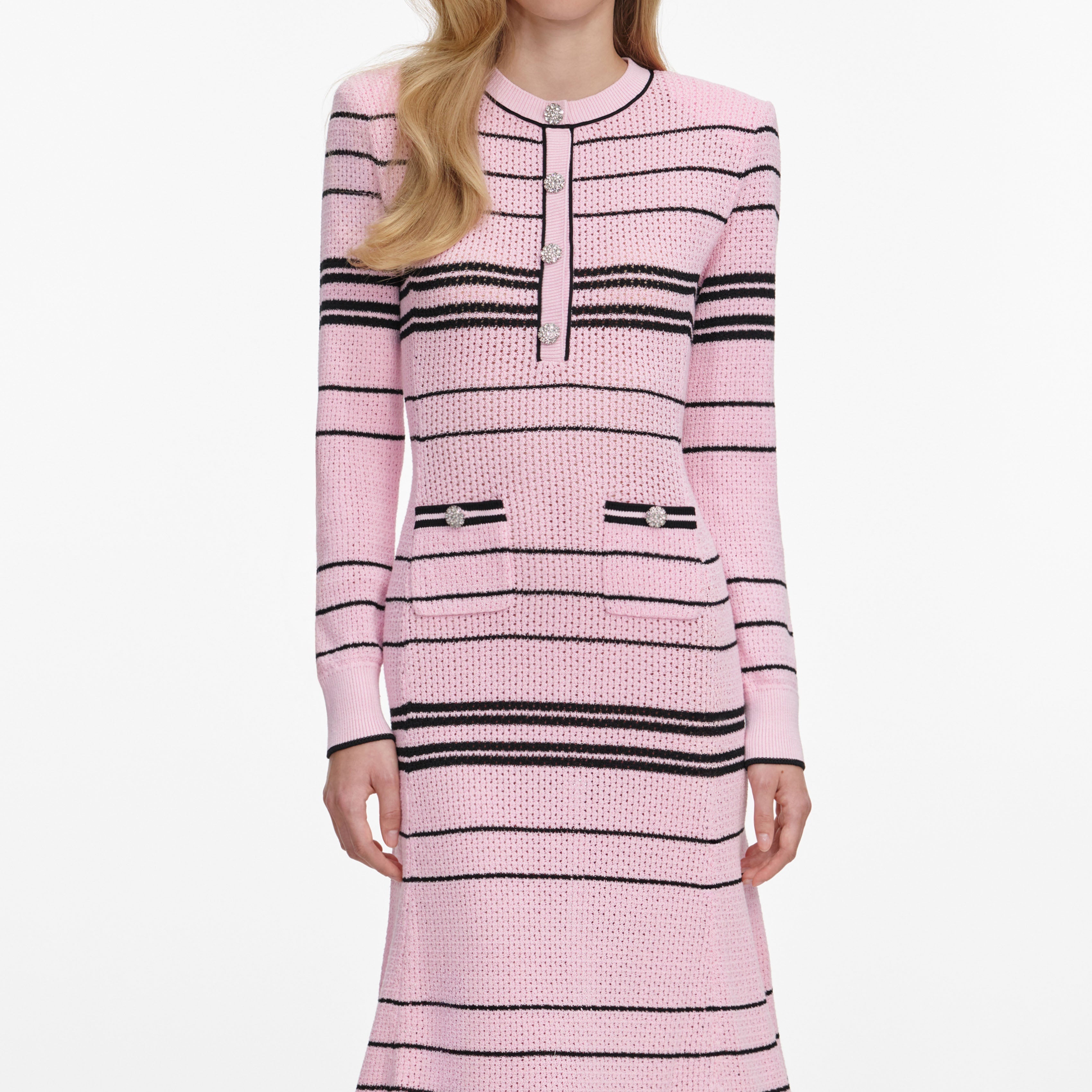 selena long sleeve Stripe Knit Midi Dress in pink