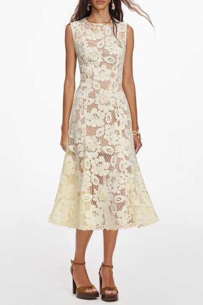 marjorie Yellow Crochet Lace hollow Midi Dress