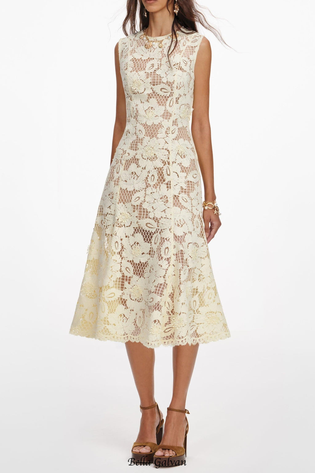 marjorie Yellow Crochet Lace hollow Midi Dress