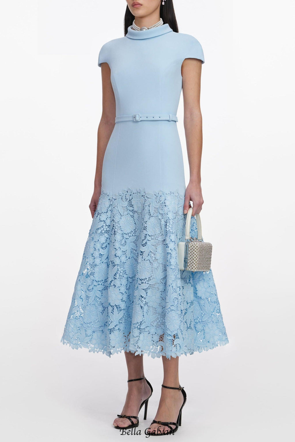 yvonne Blue Crepe Lace Midi Dress