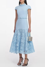 yvonne Blue Crepe Lace Midi Dress