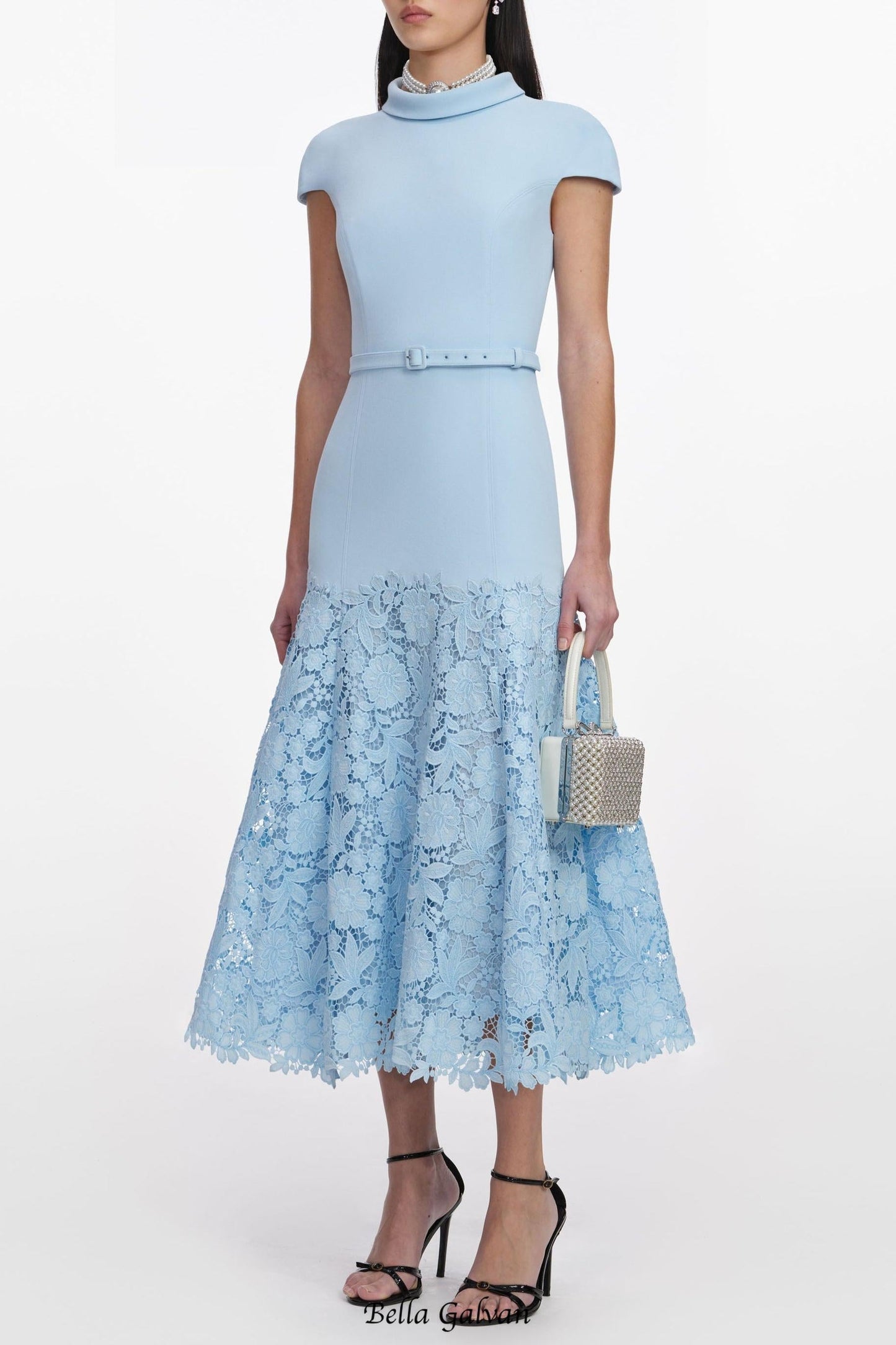 yvonne Blue Crepe Lace Midi Dress