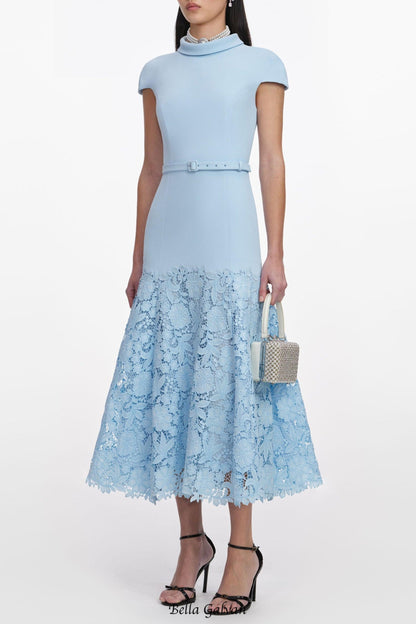 yvonne Blue Crepe Lace Midi Dress