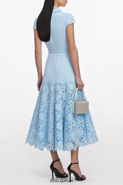 yvonne Blue Crepe Lace Midi Dress