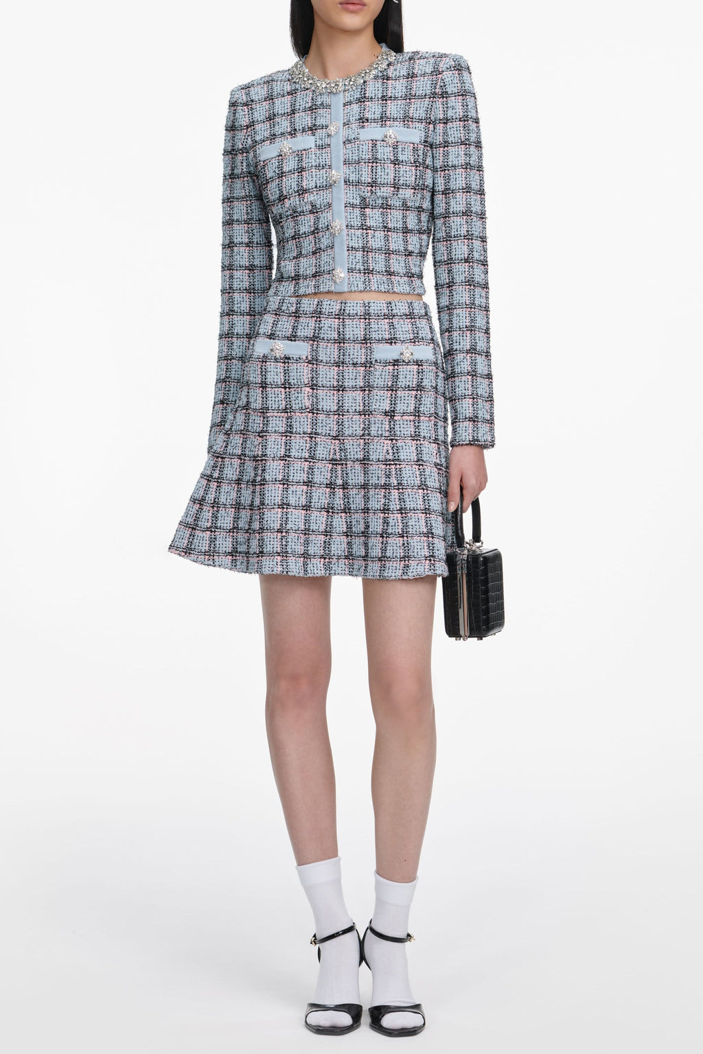 Flowering Girl Women marjorie rhinestone Check Knit Cardigan skirt set - pale blue