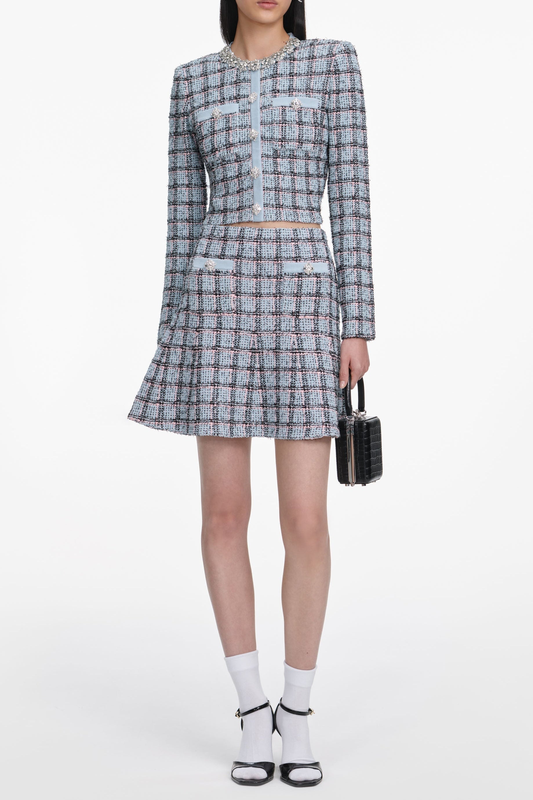 Flowering Girl Women marjorie rhinestone Check Knit Cardigan skirt set - pale blue