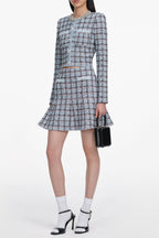 Flowering Girl Women marjorie rhinestone Check Knit Cardigan skirt set - pale blue