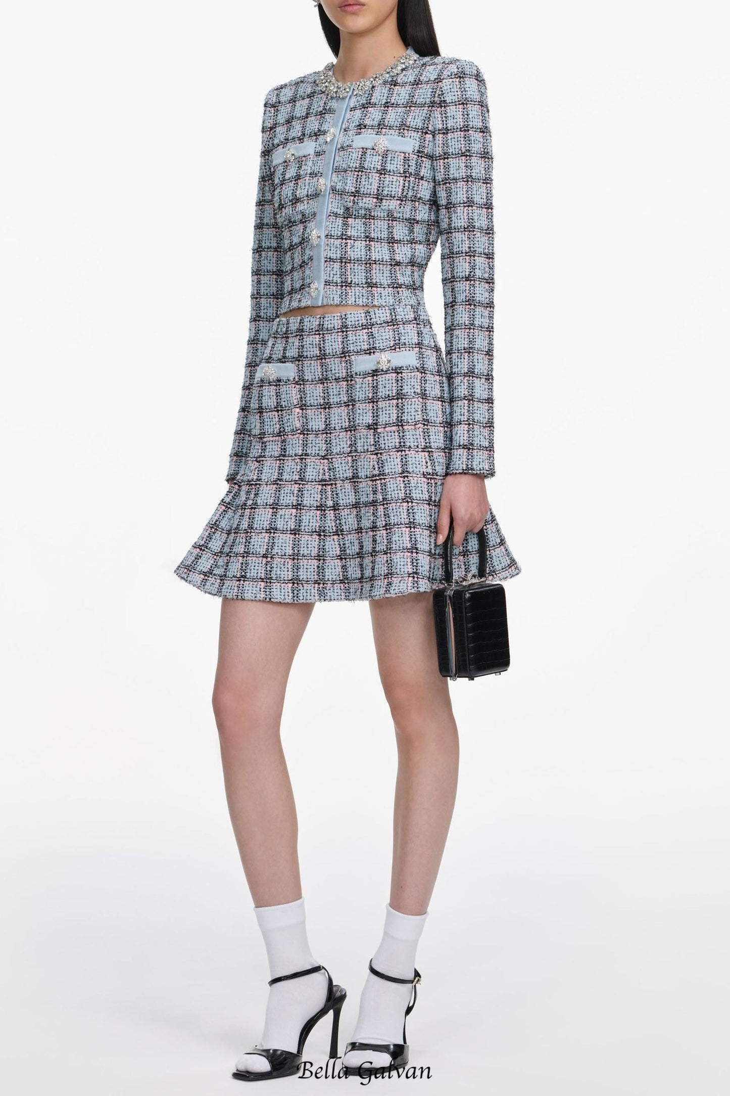 marjorie rhinestone Check Knit Cardigan skirt set - pale blue
