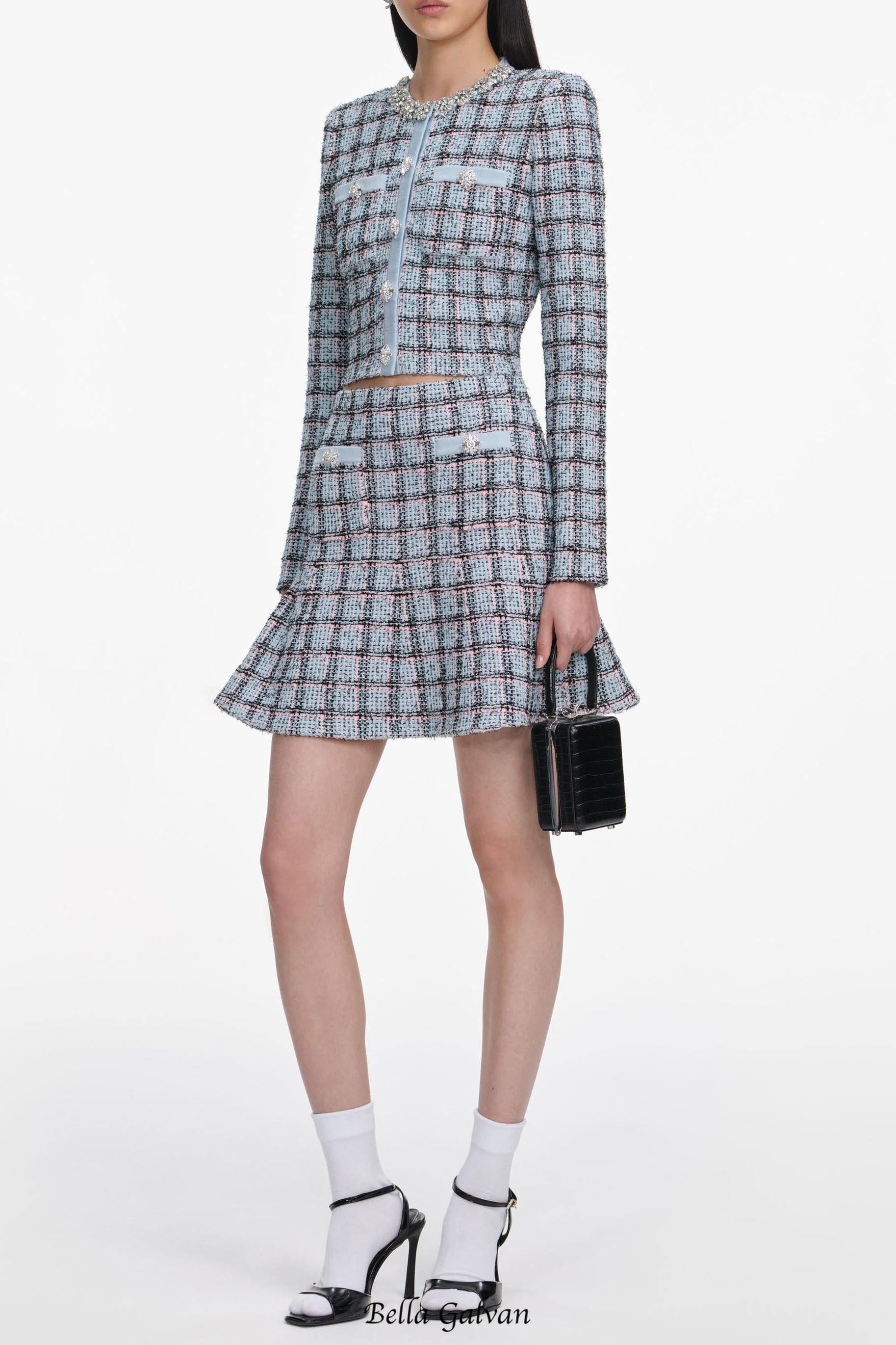 Flowering Girl Women marjorie rhinestone Check Knit Cardigan skirt set - pale blue