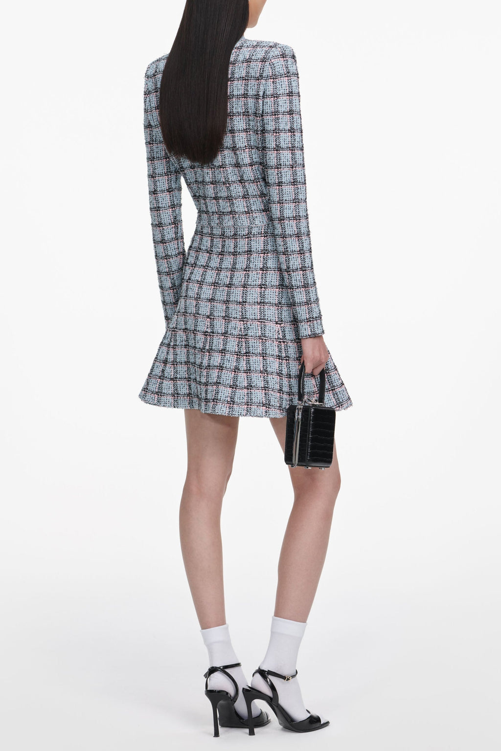 Flowering Girl Women marjorie rhinestone Check Knit Cardigan skirt set - pale blue