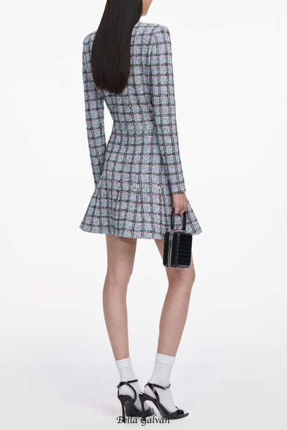 marjorie rhinestone Check Knit Cardigan skirt set - pale blue