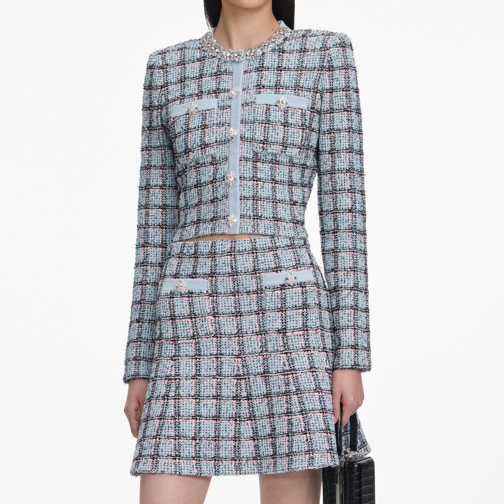 Flowering Girl Women marjorie rhinestone Check Knit Cardigan skirt set - pale blue