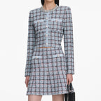 Flowering Girl Women marjorie rhinestone Check Knit Cardigan skirt set - pale blue