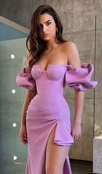 Flowering Girl Women Strapless Draped Sleeve Slits Bandage Dress In Purple