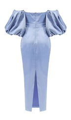 Strapless Satin Puff Sleeves Midi Dress In Blue