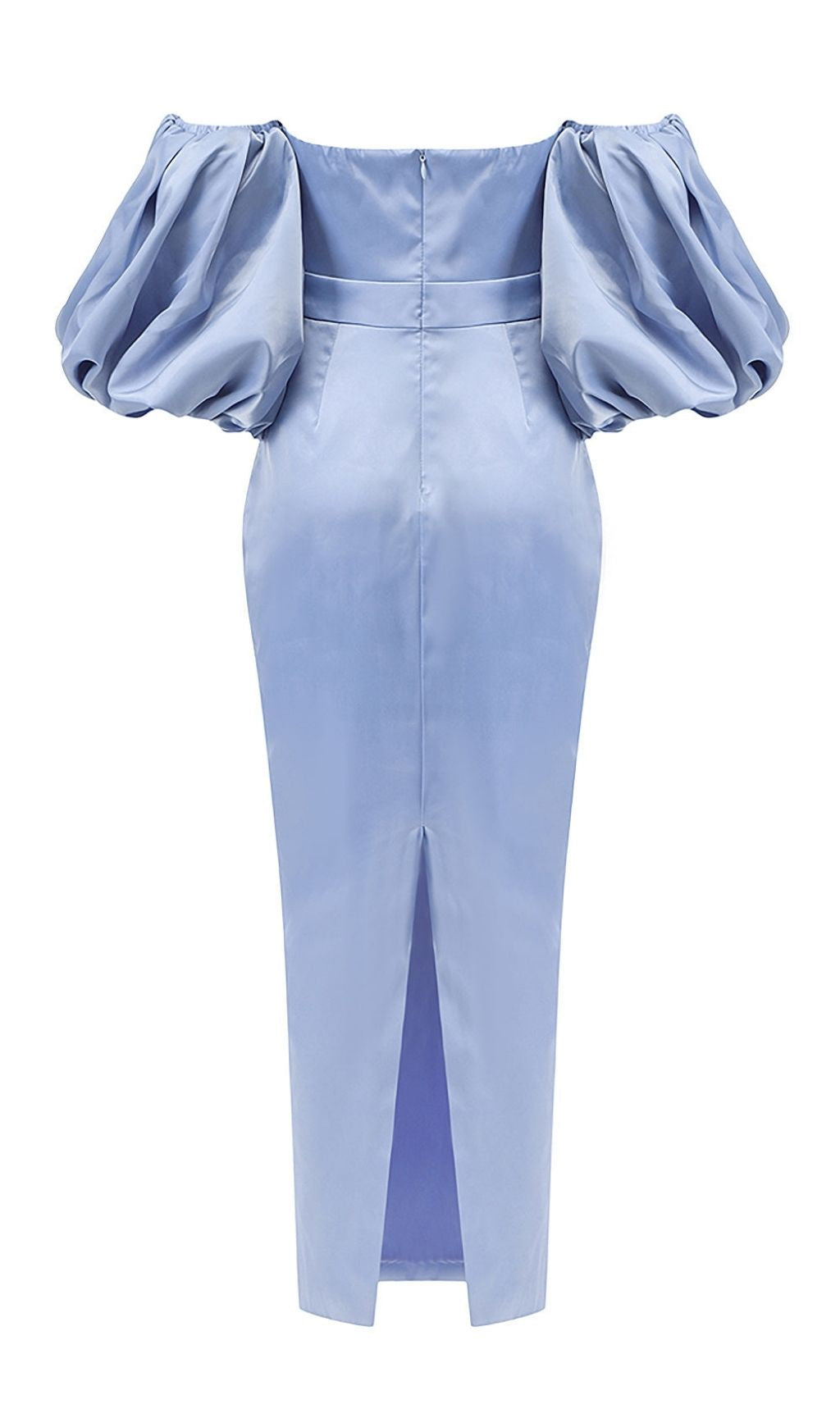Strapless Satin Puff Sleeves Midi Dress In Blue
