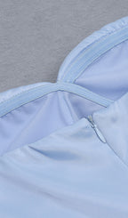Strapless Satin Puff Sleeves Midi Dress In Blue