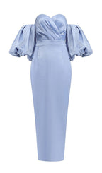 Strapless Satin Puff Sleeves Midi Dress In Blue