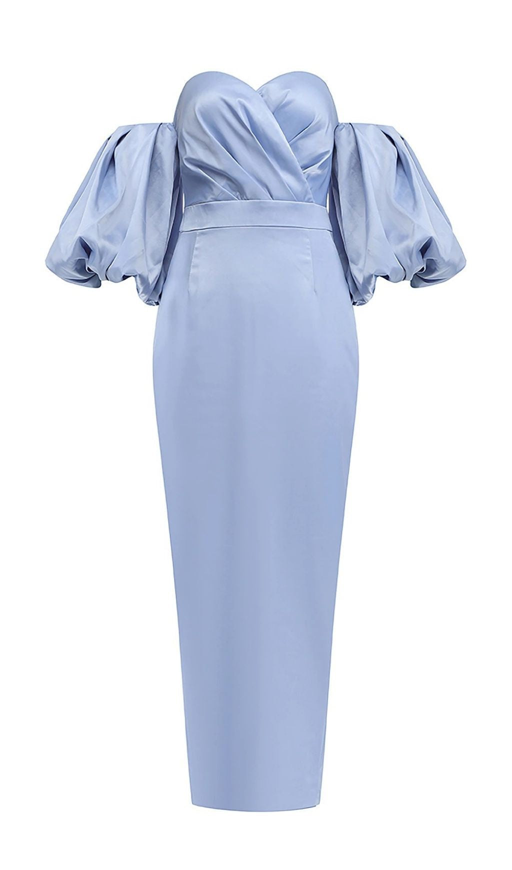 Strapless Satin Puff Sleeves Midi Dress In Blue