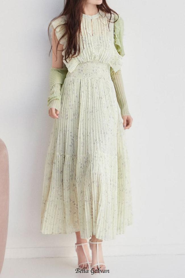 audrey sleeveless pleated floral midi dress in mint green