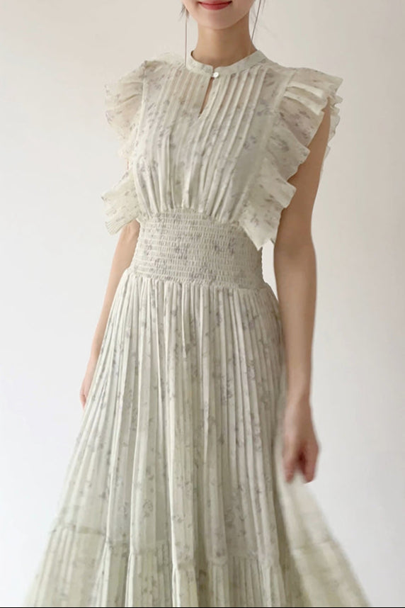 Audrey Sleeveless Pleated Floral Midi Dress In Mint Green