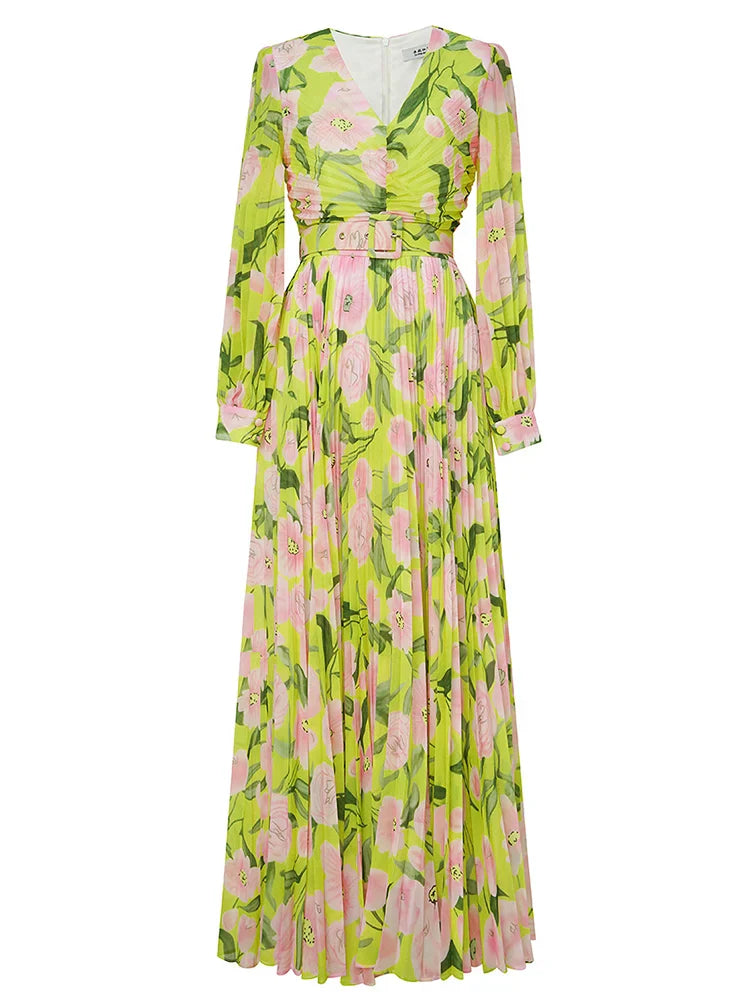 Jennifer Floral Print Pleated Lantern Sleeve Maxi Dress In Yellow