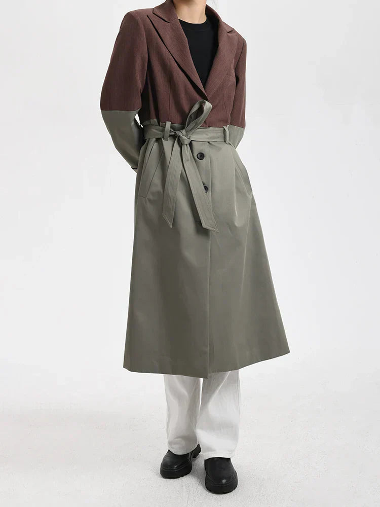 Flowering Girl Women Belted Blazer Trench Coat in Brown Gray