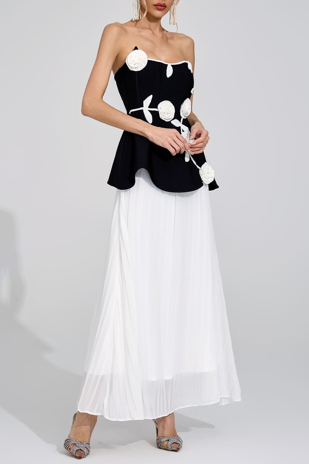 Mignon Black White Floral Strapless Maxi Dress