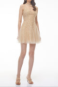 Saga Neutral Pleated Mini Dress With 3D Petals