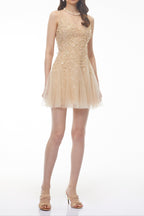 Saga Neutral Pleated Mini Dress With 3D Petals