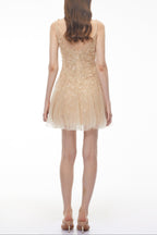 Saga Neutral Pleated Mini Dress With 3D Petals