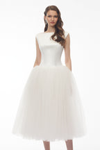 Salma White Pleated Flared Midi Dress
