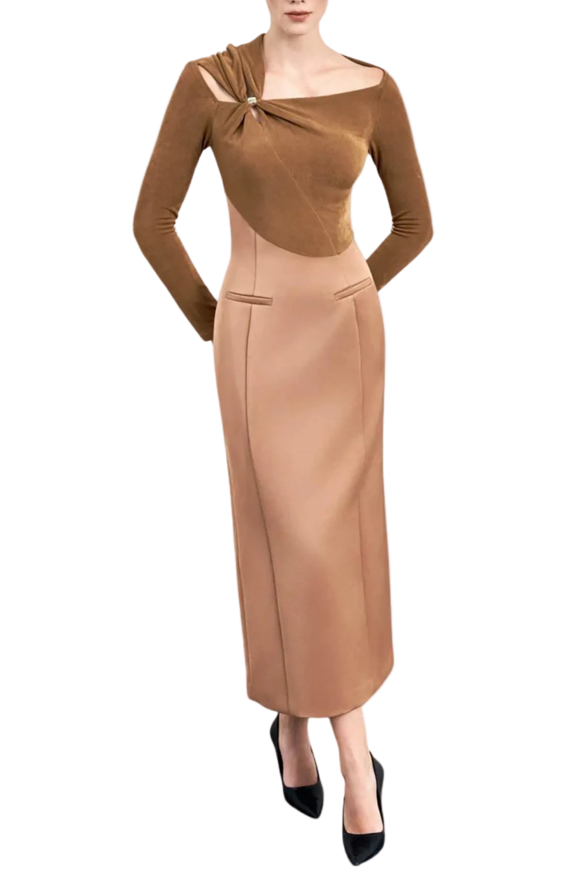 Samaro Asymmetric Cutout Panel Midi Dress - Brown