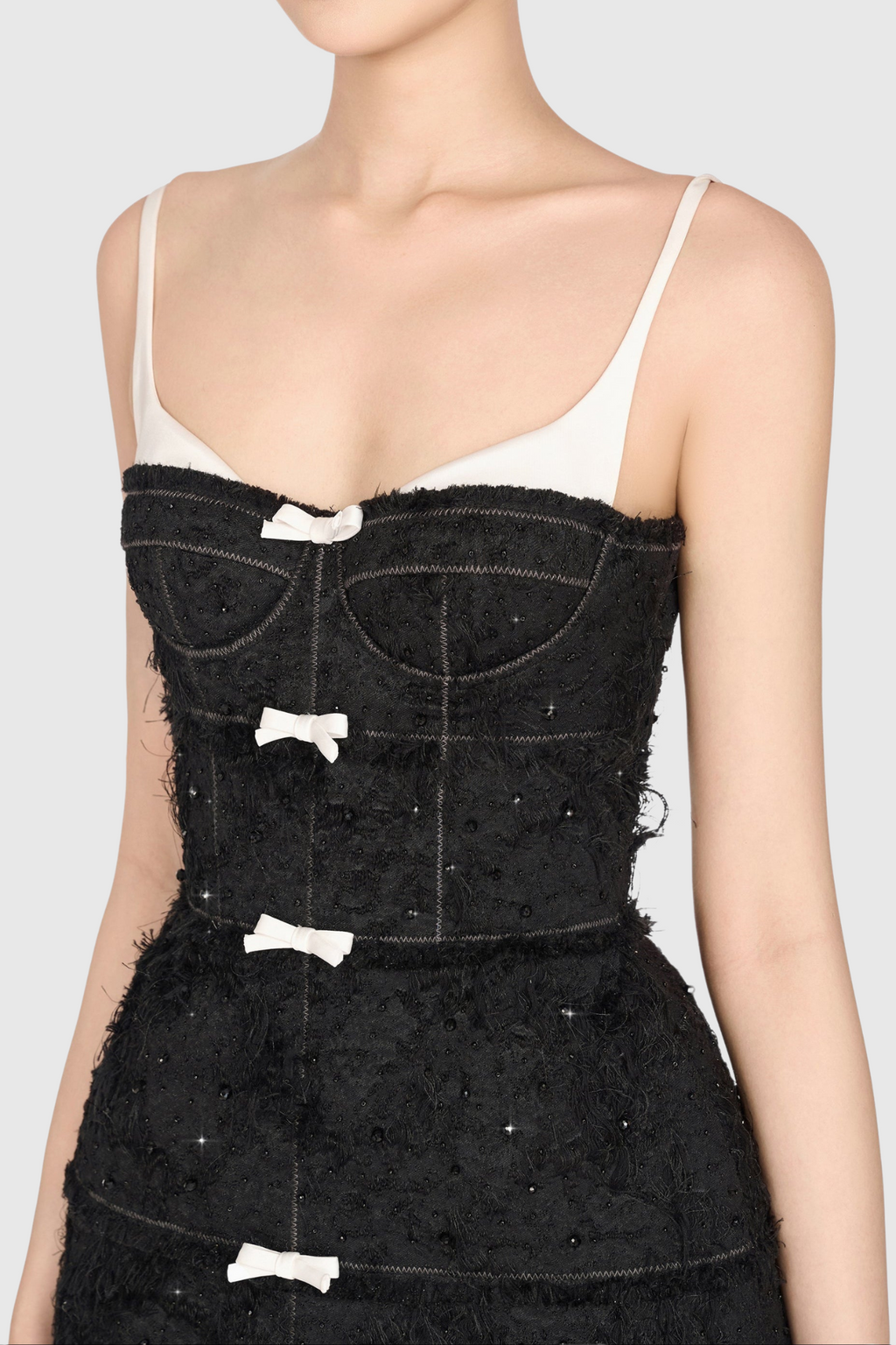 Flowering Girl Women Santos Bow Jacquard Beaded Mini Dress - Black