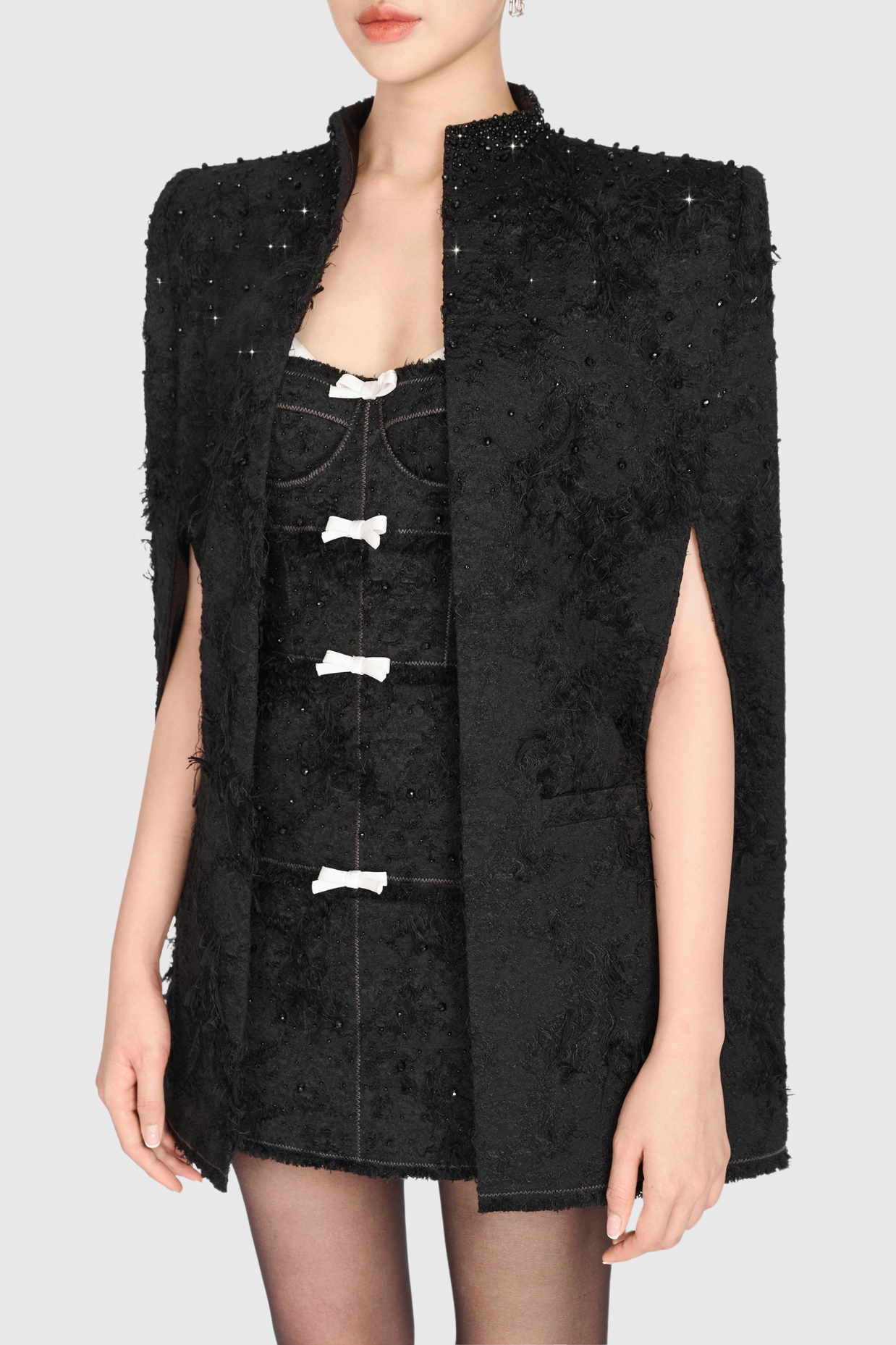 Flowering Girl Women Santos Bow Jacquard Beaded Mini Dress - Black