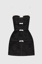 Flowering Girl Women Santos Bow Jacquard Beaded Mini Dress - Black