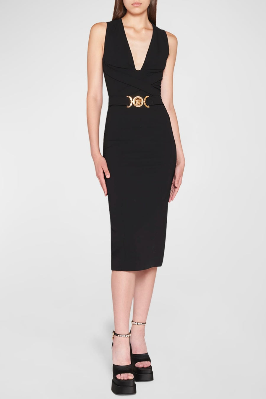 Flowering Girl Women Saple V-neck Belted Embellished Midi Bandage Dress
