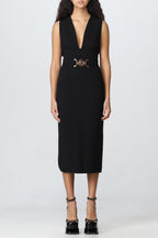 Flowering Girl Women Saple V-neck Belted Embellished Midi Bandage Dress