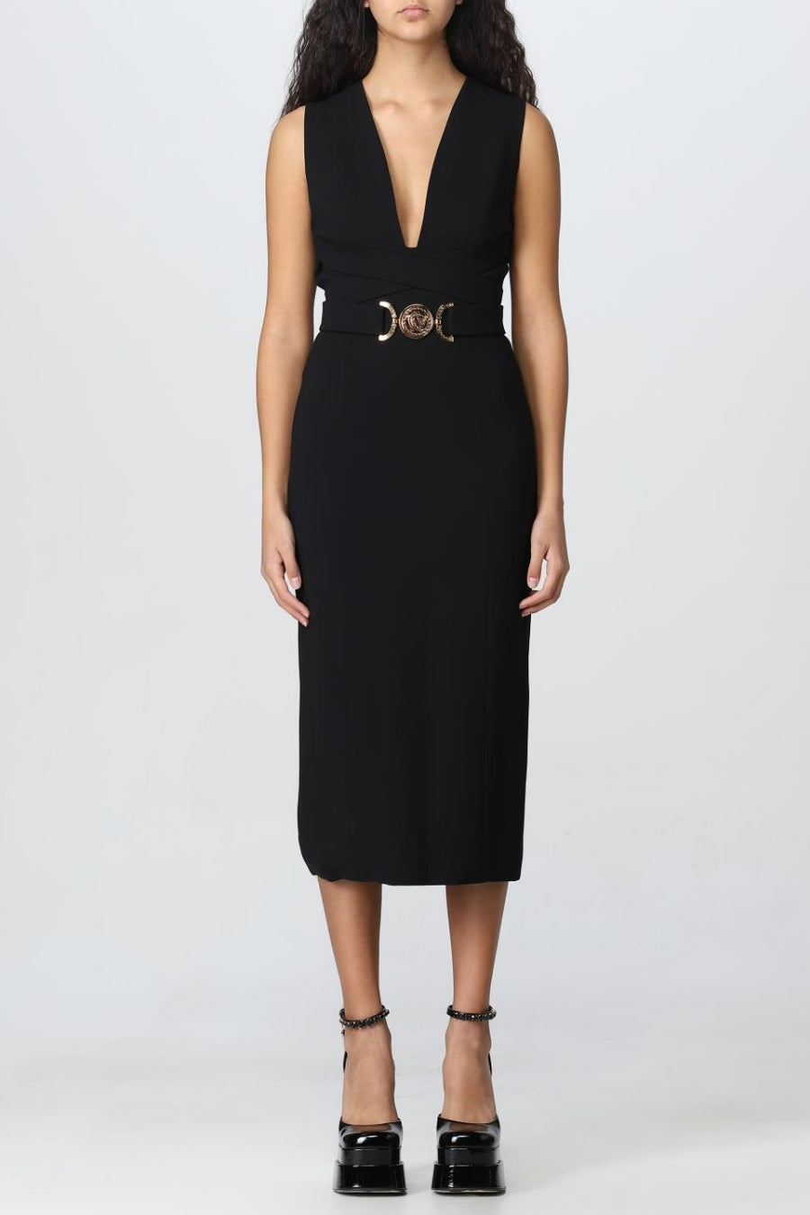 Flowering Girl Women Saple V-neck Belted Embellished Midi Bandage Dress