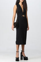 Flowering Girl Women Saple V-neck Belted Embellished Midi Bandage Dress