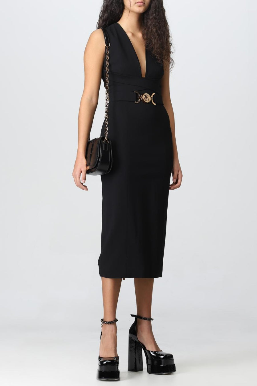Flowering Girl Women Saple V-neck Belted Embellished Midi Bandage Dress