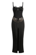 Flowering Girl Women Satin Lace-Trimmed Slit Slip Maxi Dress in Black